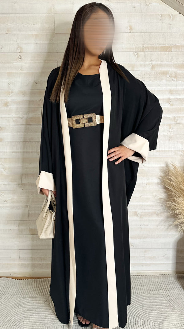 Abaya “Aliyah” – Noir profond & finitions crème