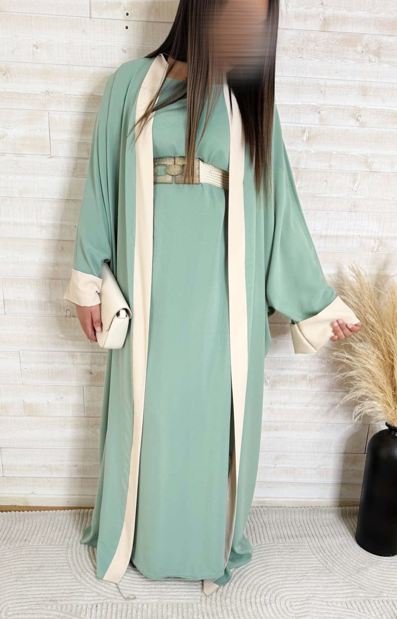 Abaya “Aliyah” – Vert sauge & finitions crème
