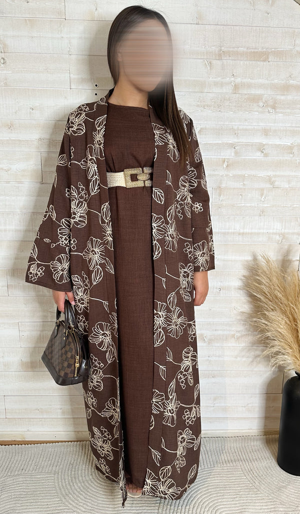 Abaya Leïla – Élégance naturelle en lin fleuri