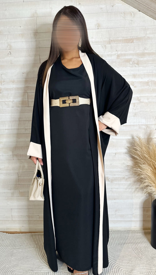 Abaya “Aliyah” – Noir profond & finitions crème